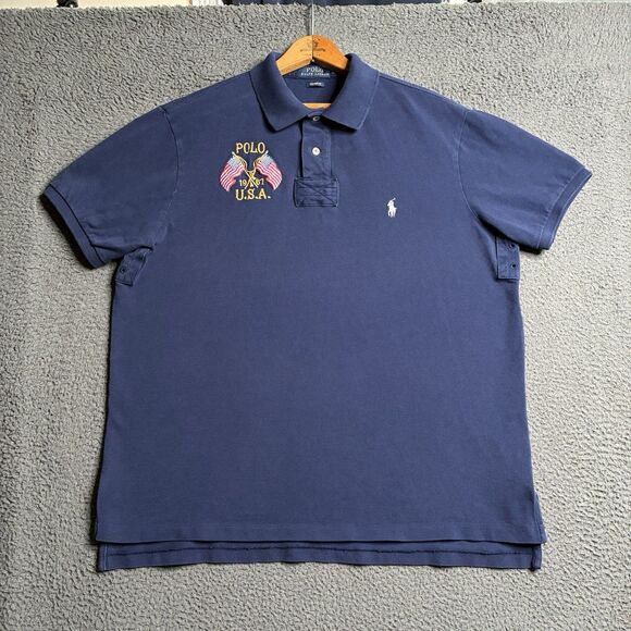 Polo Ralph Lauren CUSTOM FIT Crossed USA Flags Rugby Polo Shirt Blue XL - Picture 1 of 11